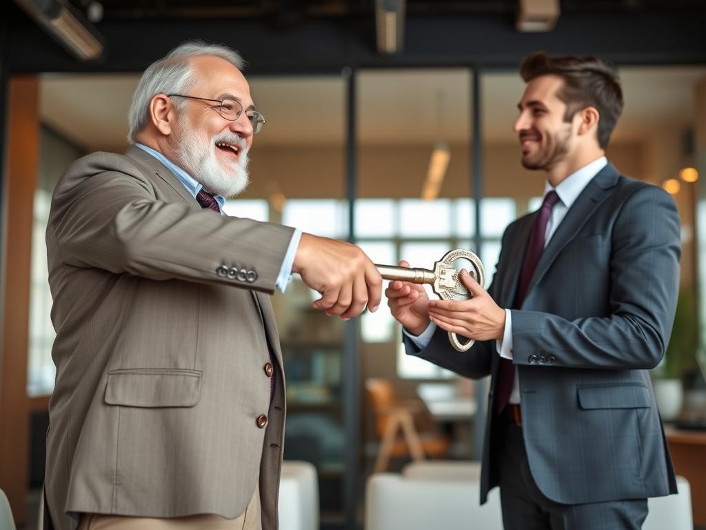 Älterer Unternehmer übergibt symbolisch Schlüssel an jüngeren Nachfolger beim Unternehmenskauf