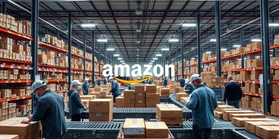 Amazon FBA Lager mit Produkten und Mitarbeitern