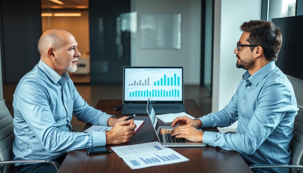 Beratungsgespräch zur Unternehmensbewertung im Mittelstand zwischen Berater und Unternehmer