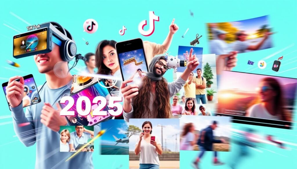 Collage aktueller TikTok-Trends 2025 mit AR-Effekten und interaktiven Elementen