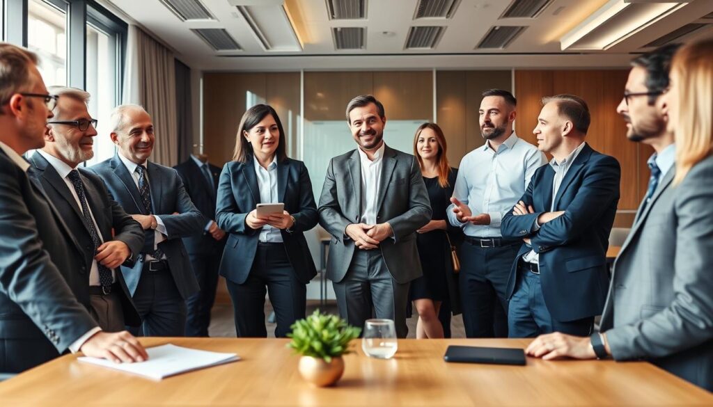 Diverse Gruppe potenzieller Unternehmenskäufer bei Verhandlungen