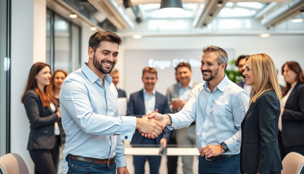 Erfolgreicher Abschluss einer SaaS-Unternehmensakquisition 2025 mit Handschlag der Geschäftspartner