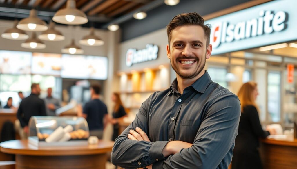 Erfolgreicher Franchisenehmer in seinem Geschäft