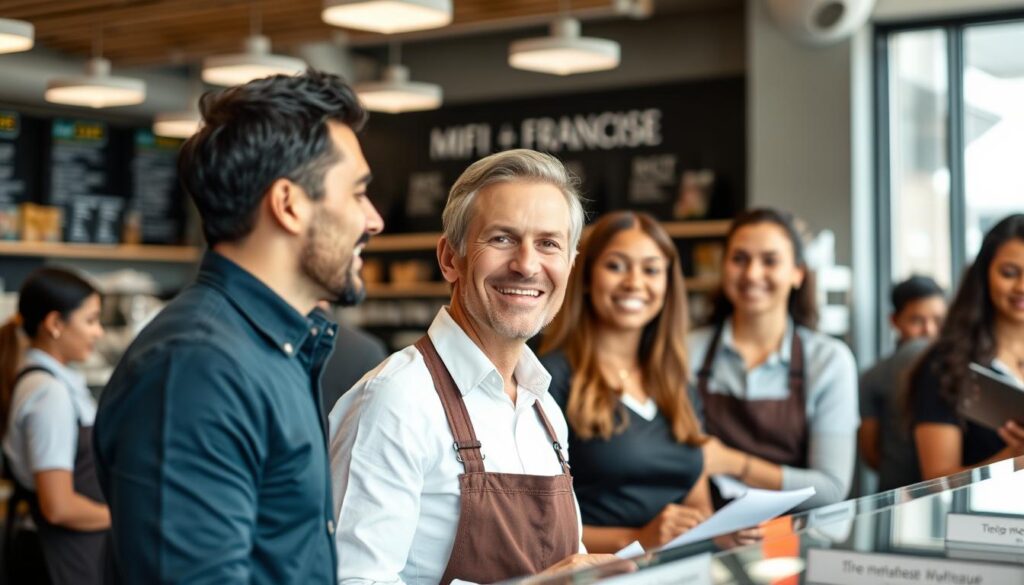 Erfolgreicher Franchisenehmer in seinem Geschäft mit Mitarbeitern Erfolgreicher Franchisenehmer in seinem Geschäft mit Mitarbeitern