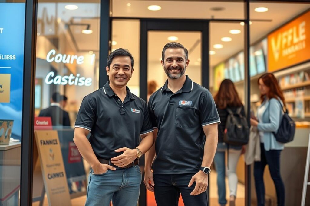 Erfolgreicher Franchisenehmer vor seinem Geschäft mit zufriedenen Kunden