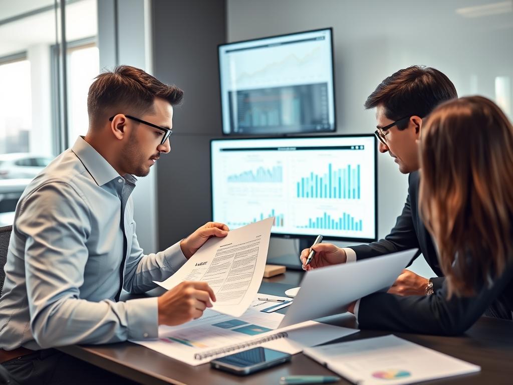 Finanzexperten analysieren Unternehmensübernahme 2025 Dokumente mit digitalen Tools