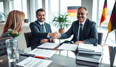 Franchise Deutschland Vertrag wird unterzeichnet, Handschlag zwischen Franchisegeber und Franchisenehmer