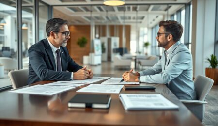 Franchisegeber und Franchisenehmer besprechen Franchise Vorteile Nachteile an einem Tisch mit Vertragsunterlagen