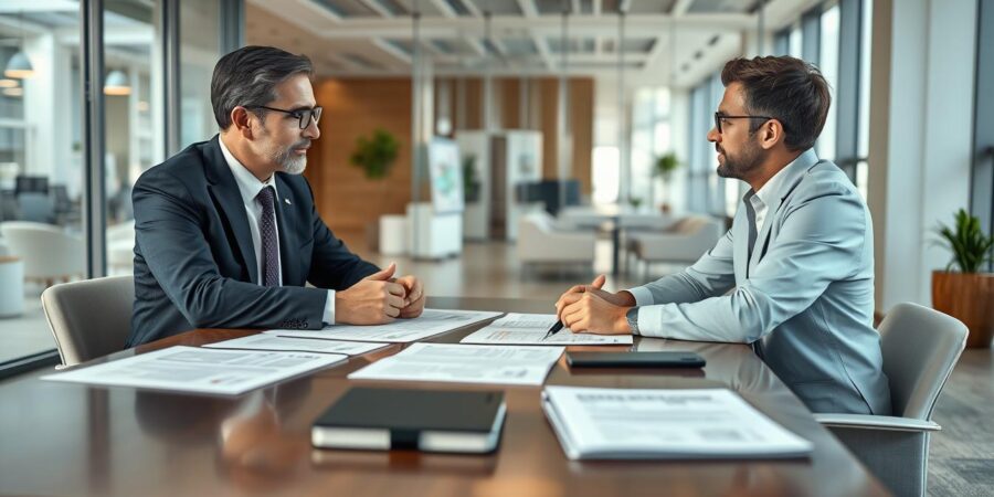 Franchisegeber und Franchisenehmer besprechen Franchise Vorteile Nachteile an einem Tisch mit Vertragsunterlagen