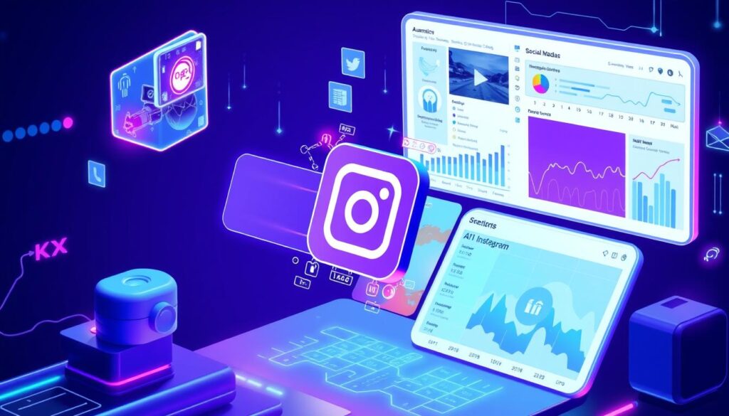 Futuristische Darstellung von Social Media Trends 2025 mit Augmented Reality und KI-Elementen