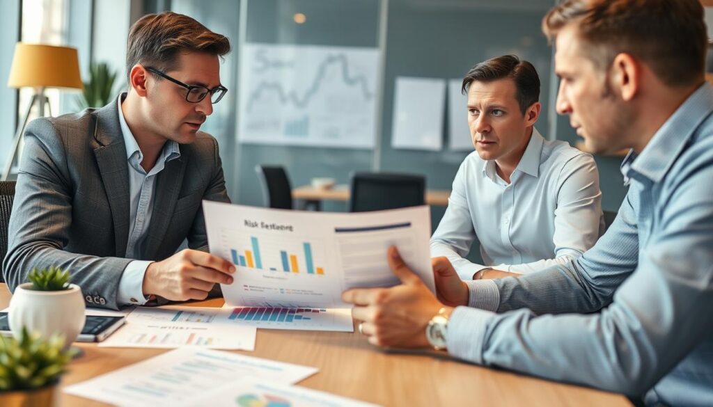 Geschäftsleute analysieren Risiken beim Unternehmenskauf