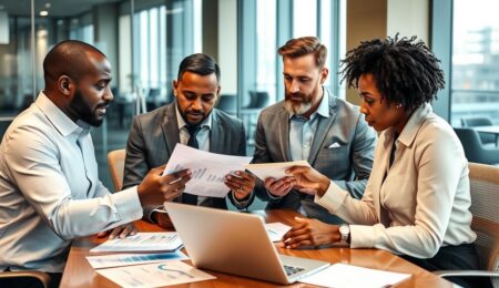 Geschäftsleute analysieren Unternehmenswert berechnen Methoden an einem Konferenztisch