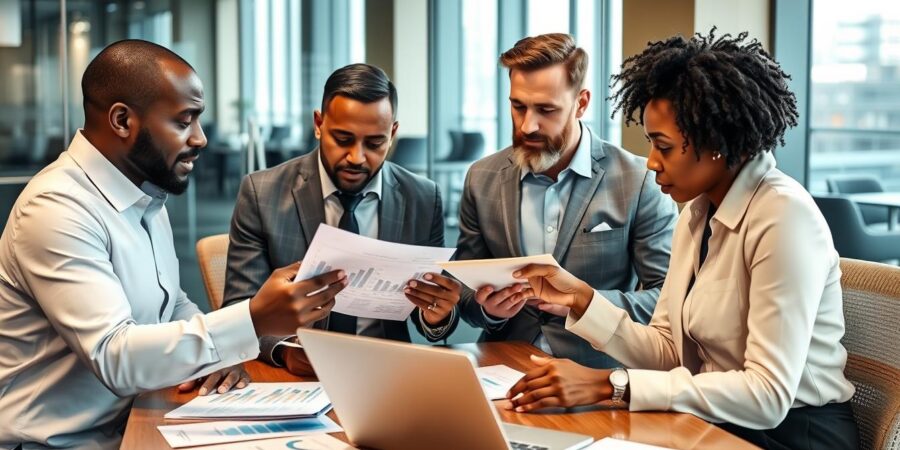 Geschäftsleute analysieren Unternehmenswert berechnen Methoden an einem Konferenztisch