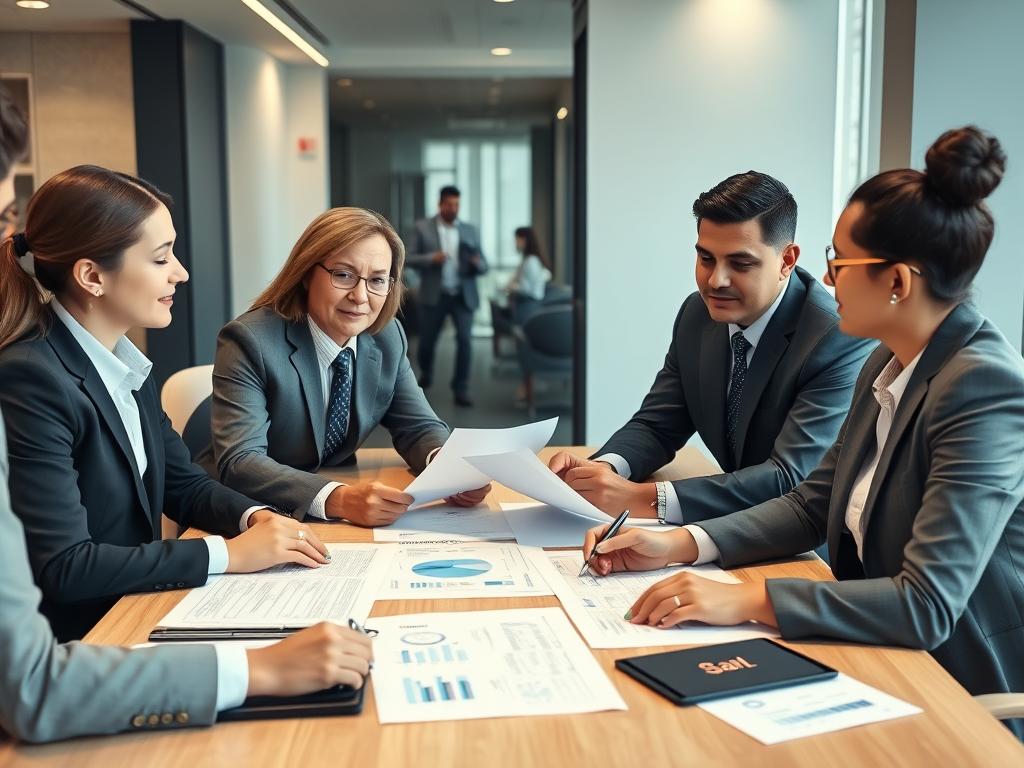 Geschäftsleute bei Bankgespräch über Finanzierungsstrategien 2025 Geschäftsleute bei Bankgespräch über Finanzierungsstrategien 2025