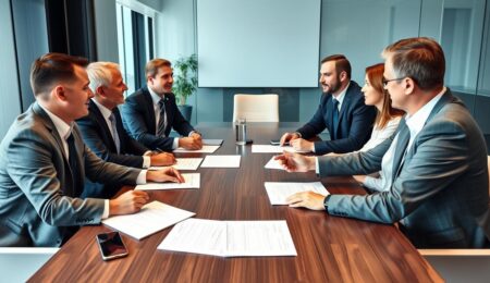 Geschäftsleute bei Verhandlungen zum Unternehmensverkauf an Investoren