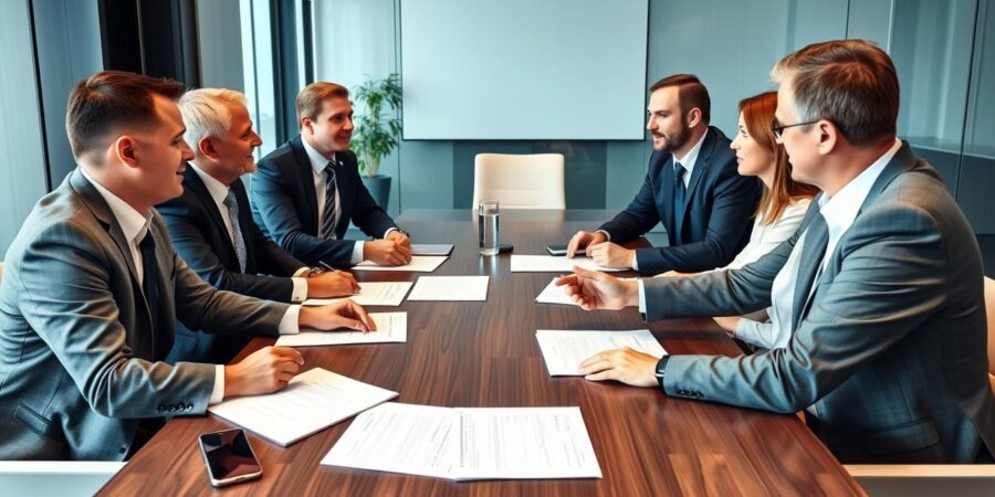 Geschäftsleute bei Verhandlungen zum Unternehmensverkauf an Investoren