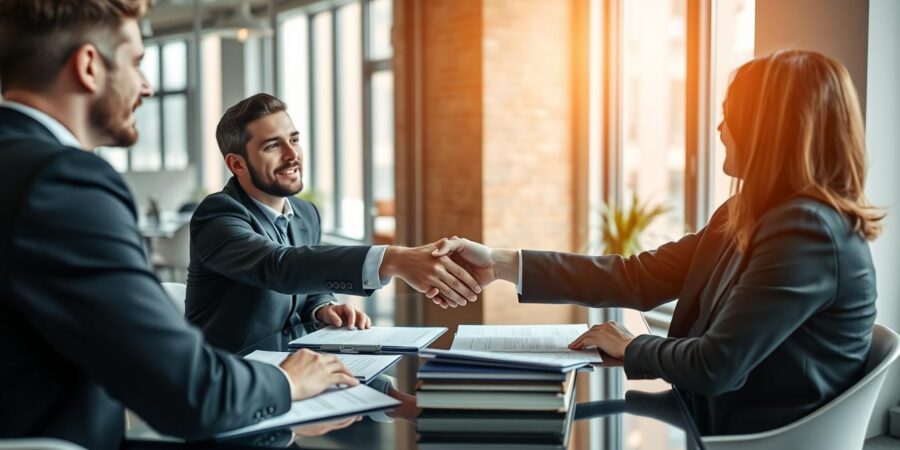 Geschäftsleute bei einem Investorengespräch zur Unternehmensfinanzierung