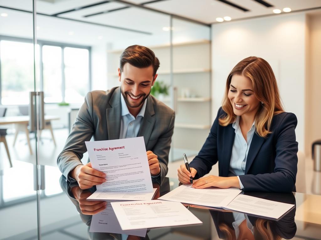 Geschäftsleute beim Unterzeichnen eines Franchise-Vertrags mit Fokus auf die Einstiegsgebühr