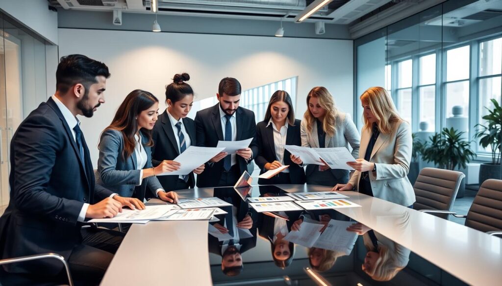 Geschäftsleute besprechen Unternehmensbewertung einfach anhand von Dokumenten