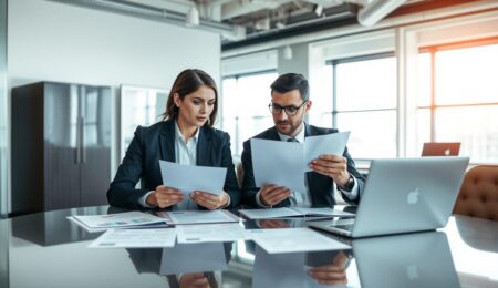 Geschäftsleute prüfen Unterlagen bei einer Due Diligence zum Unternehmenskauf