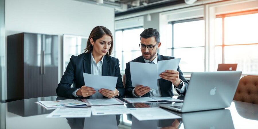 Geschäftsleute prüfen Unterlagen bei einer Due Diligence zum Unternehmenskauf