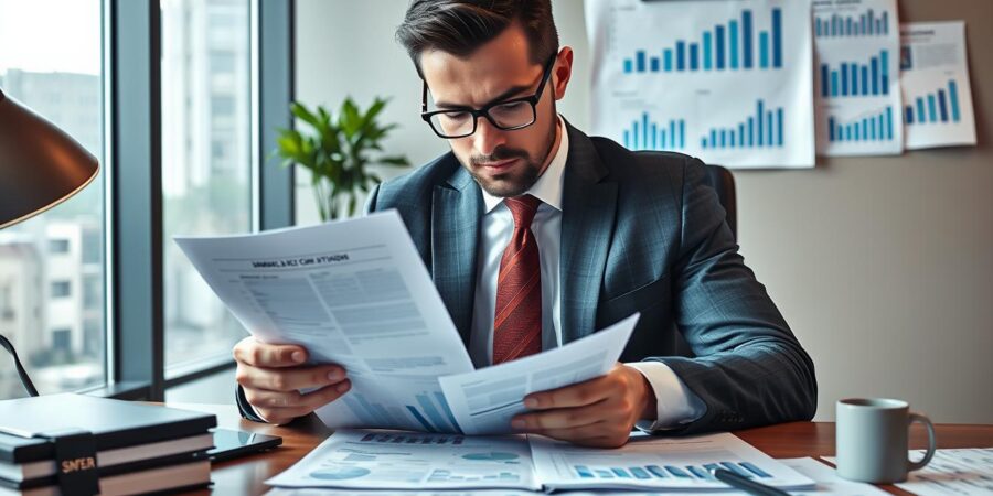 Geschäftsmann analysiert Finanzdaten zur Unternehmensbewertung im Mittelstand
