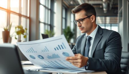 Geschäftsmann analysiert Finanzierungsoptionen für einen Unternehmenskauf