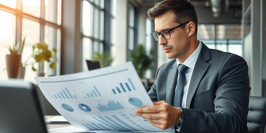 Geschäftsmann analysiert Finanzierungsoptionen für einen Unternehmenskauf