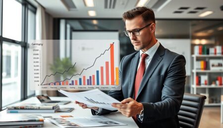 Geschäftsmann analysiert Franchise Deutschland Wachstumschancen für 2025 mit Grafiken und Charts