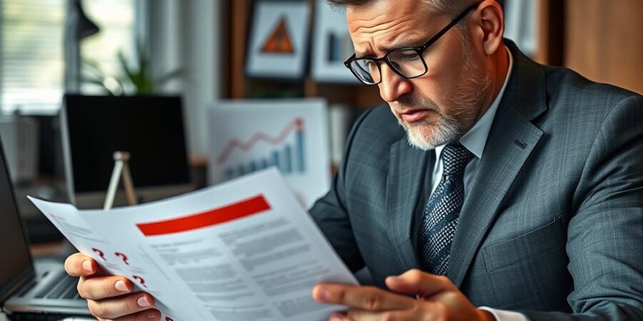 Geschäftsmann analysiert Risiken beim Unternehmenskauf