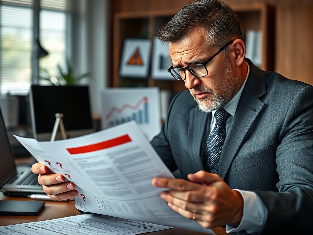 Geschäftsmann analysiert Risiken beim Unternehmenskauf