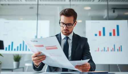 Geschäftsmann analysiert Unternehmensbewertung Fehler in Finanzdokumenten