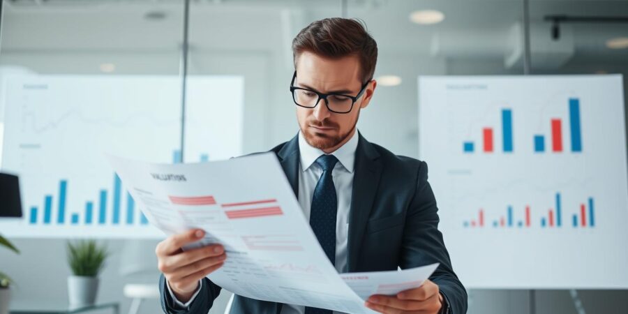Geschäftsmann analysiert Unternehmensbewertung Fehler in Finanzdokumenten