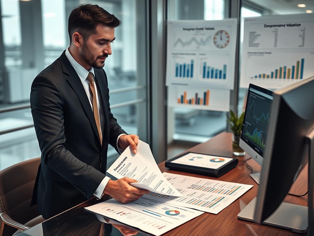 Geschäftsmann analysiert Unternehmensbewertung für Firma verkaufen