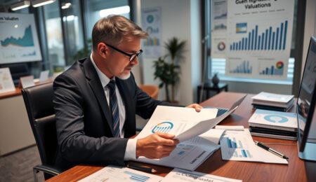 Geschäftsmann analysiert Unternehmensbewertung mit Diagrammen und Finanzberichten