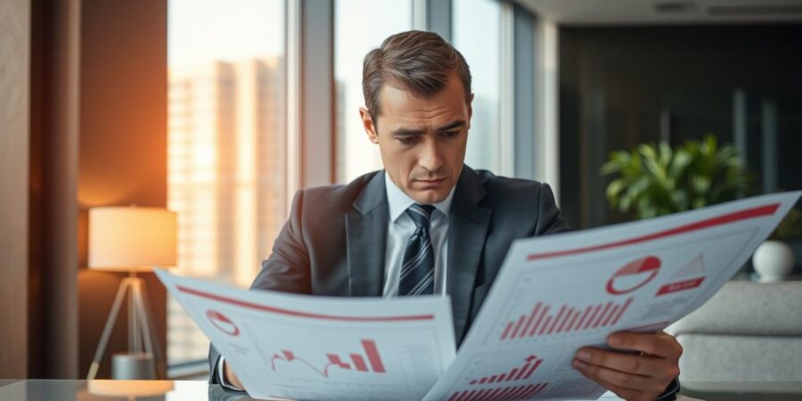 Geschäftsmann analysiert Unternehmensfinanzierung Fehler in Finanzdokumenten