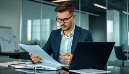 Geschäftsmann analysiert Unternehmenskauf Checkliste mit Dokumenten und Laptop