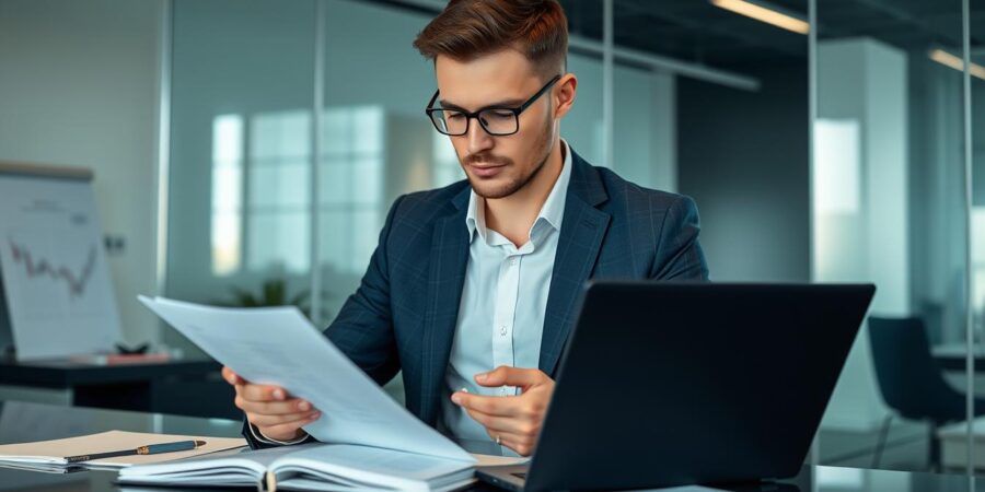 Geschäftsmann analysiert Unternehmenskauf Checkliste mit Dokumenten und Laptop