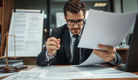 Geschäftsmann analysiert Vertragsdokumente für einen Unternehmensverkauf mit rechtlicher Absicherung
