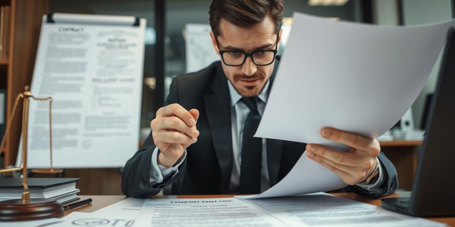 Geschäftsmann analysiert Vertragsdokumente für einen Unternehmensverkauf mit rechtlicher Absicherung