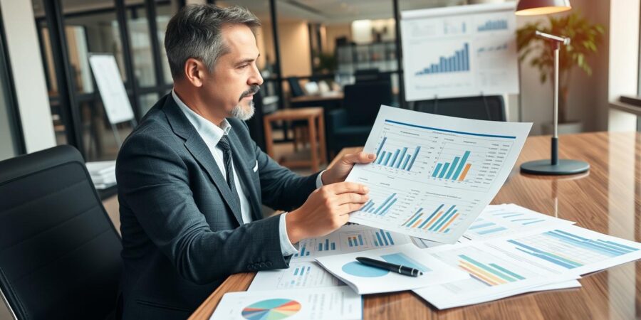 Geschäftsmann analysiert verschiedene Finanzierungsoptionen ohne Bank an einem Schreibtisch mit Grafiken und Dokumenten