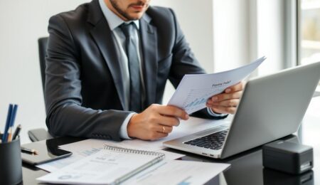 Geschäftsmann bereitet Unterlagen für den Firma verkaufen Prozess vor