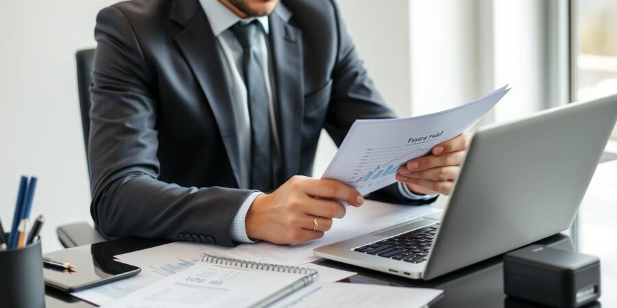 Geschäftsmann bereitet Unterlagen für den Firma verkaufen Prozess vor