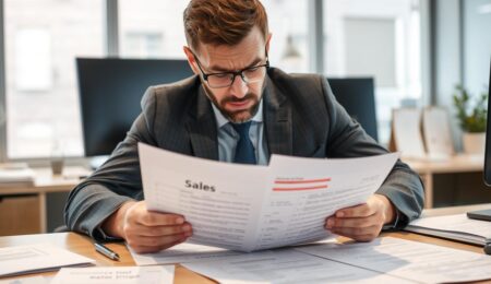 Geschäftsmann betrachtet besorgt Unternehmensverkauf Dokumente mit rot markierten Fehlern