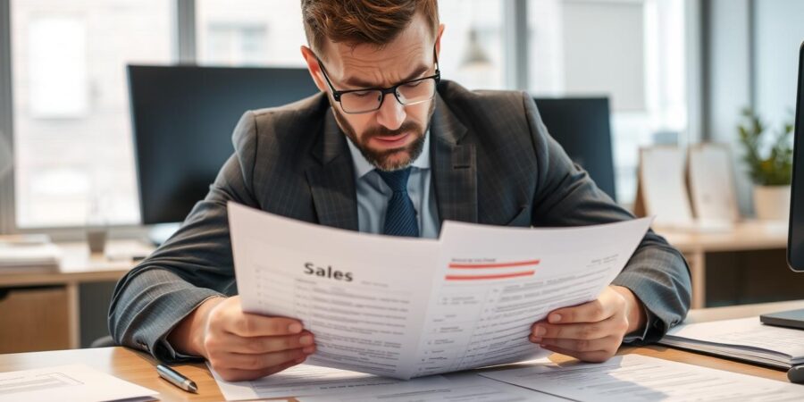 Geschäftsmann betrachtet besorgt Unternehmensverkauf Dokumente mit rot markierten Fehlern