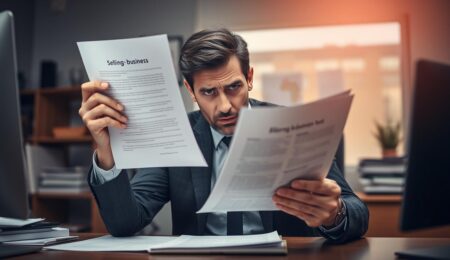 Geschäftsmann betrachtet frustriert Unternehmensverkauf Fehler Dokumente