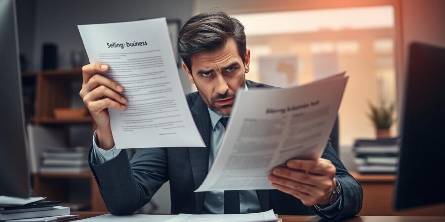 Geschäftsmann betrachtet frustriert Unternehmensverkauf Fehler Dokumente