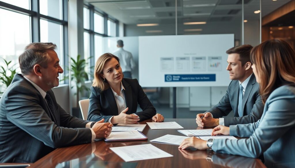 Gespräch mit Bankberatern zur Finanzierung eines Unternehmenskaufs