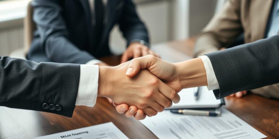 Handschlag zwischen Käufer und Verkäufer bei einem Unternehmenskauf mit Verkäuferdarlehen