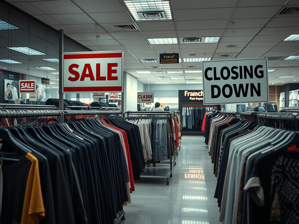 Leerer Modegeschäft eines Franchise-Systems mit Ausverkaufsschildern